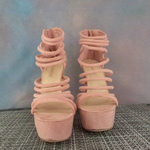 Pink/Cream (hue changes w/ light), super strappy platform block 4" heels.